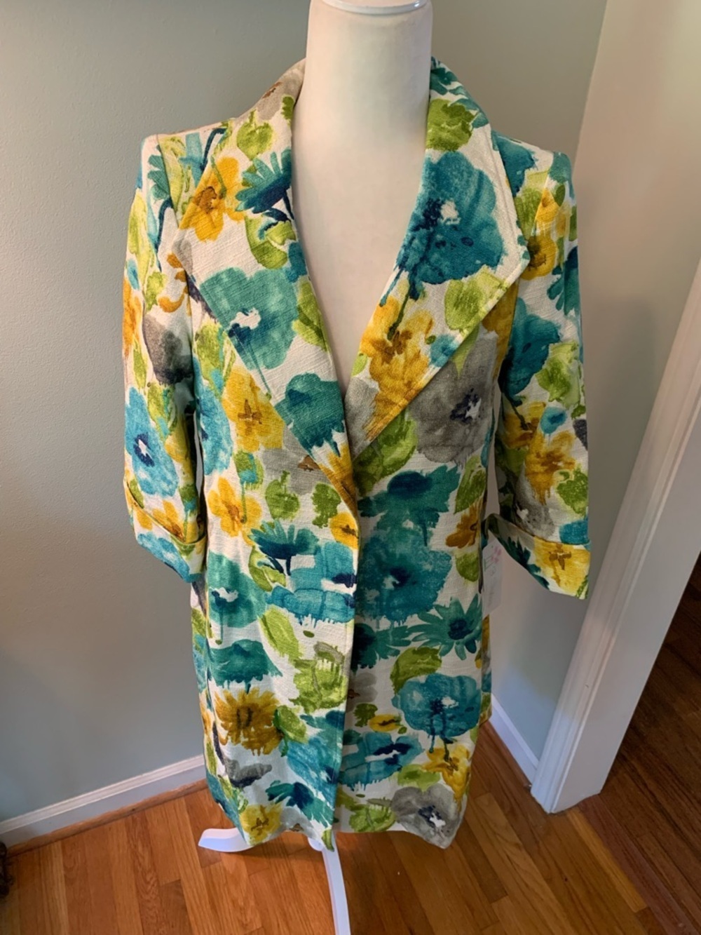 3 Sisters  Cotton Floral Teal/yellow Duster Jacket, size M
